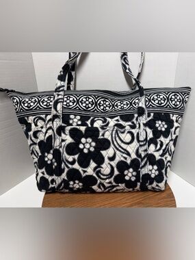Vera Bradley Retired Night & Day Black & White Quilted Floral Zippered Tote Bag
